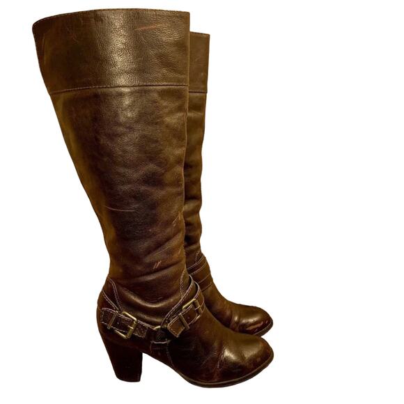 Arturo Chiang Brown Knee High Boots Distressed Leather High Heel Womens Size 7.5 - Picture 1 of 16